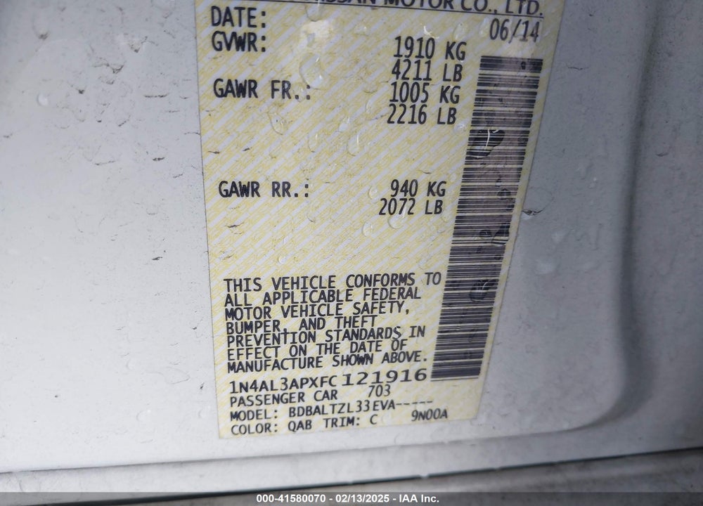 2015 NISSAN ALTIMA VIN: 1N4AL3APXFC121916