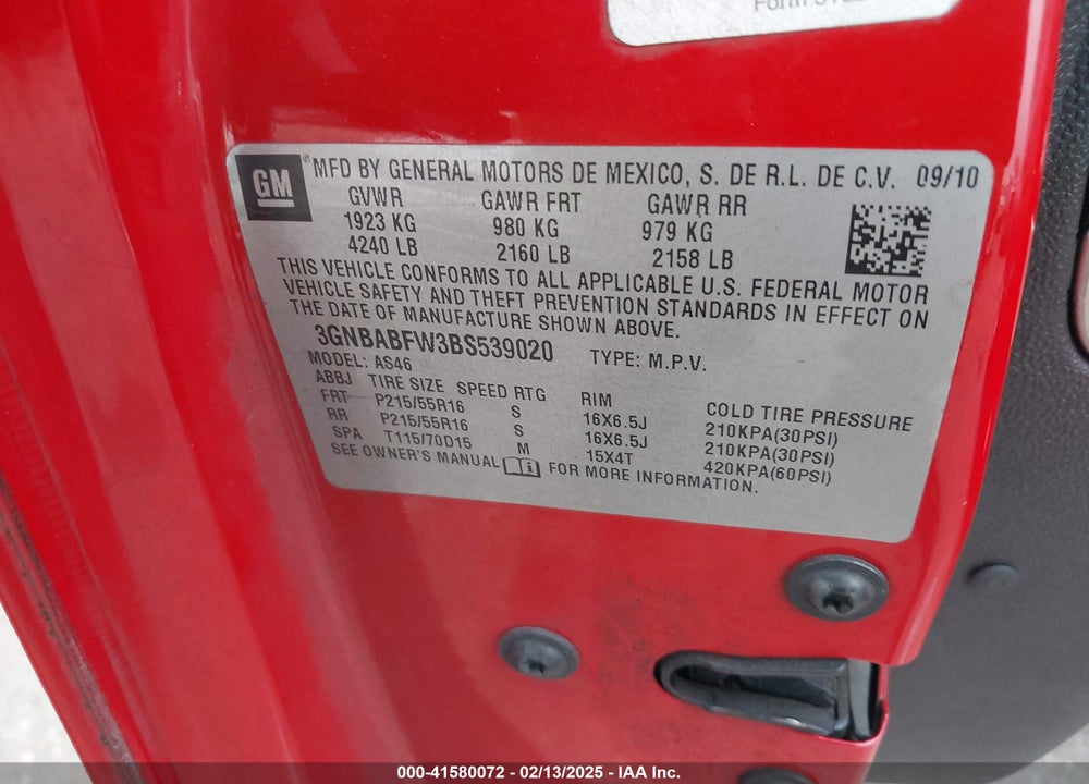 2011 CHEVROLET HHR LT VIN: 3GNBABFW3BS539020