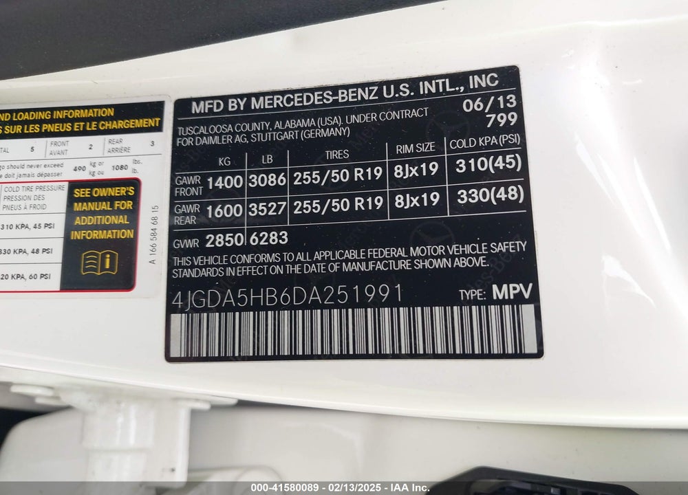 2013 MERCEDES-BENZ ML 350 4MATIC VIN: 4JGDA5HB6DA251991