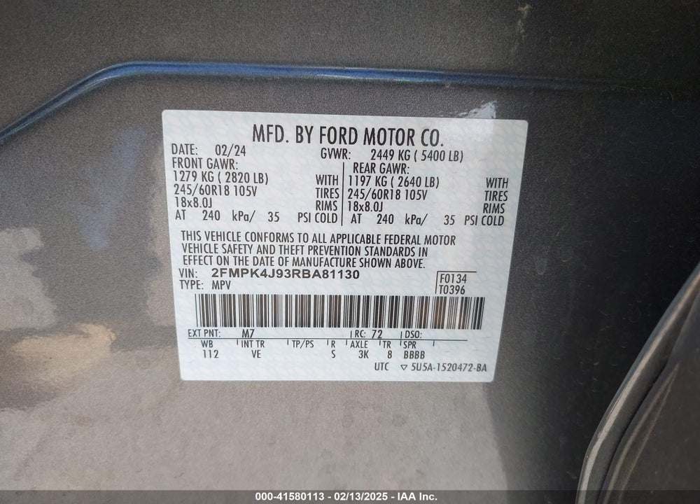2024 FORD EDGE SEL VIN: 2FMPK4J93RBA81130