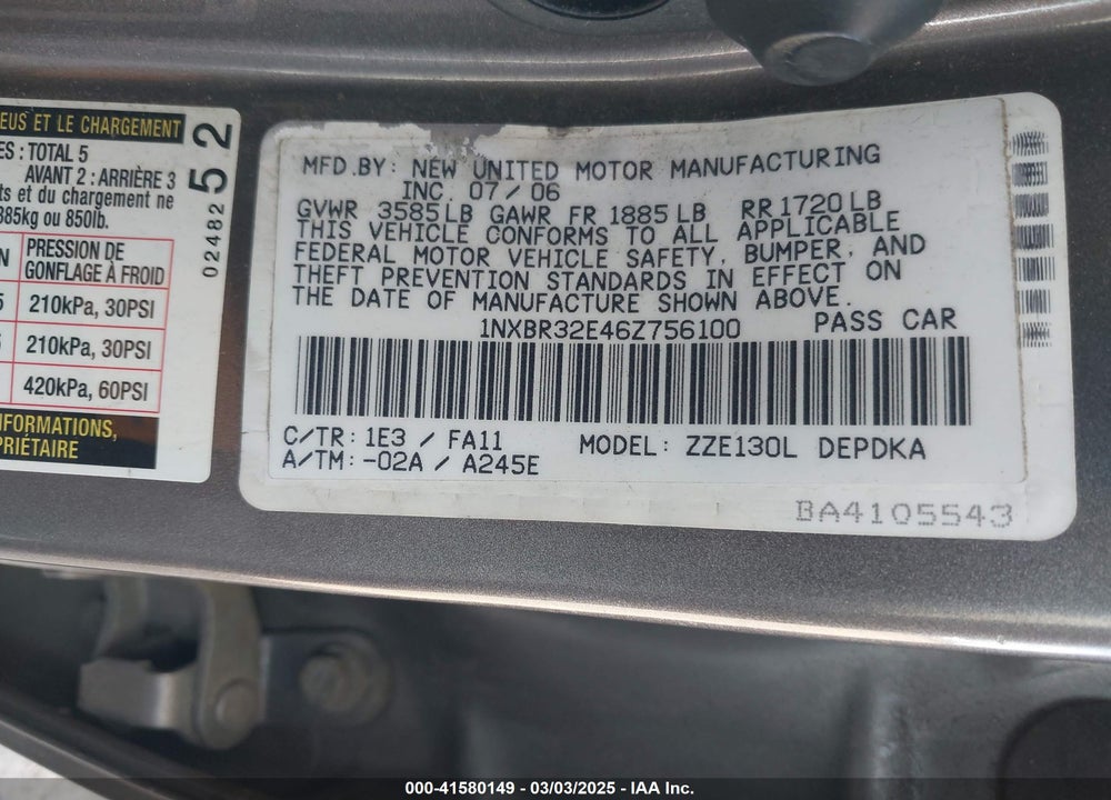 2006 TOYOTA COROLLA CE VIN: 1NXBR32E46Z756100