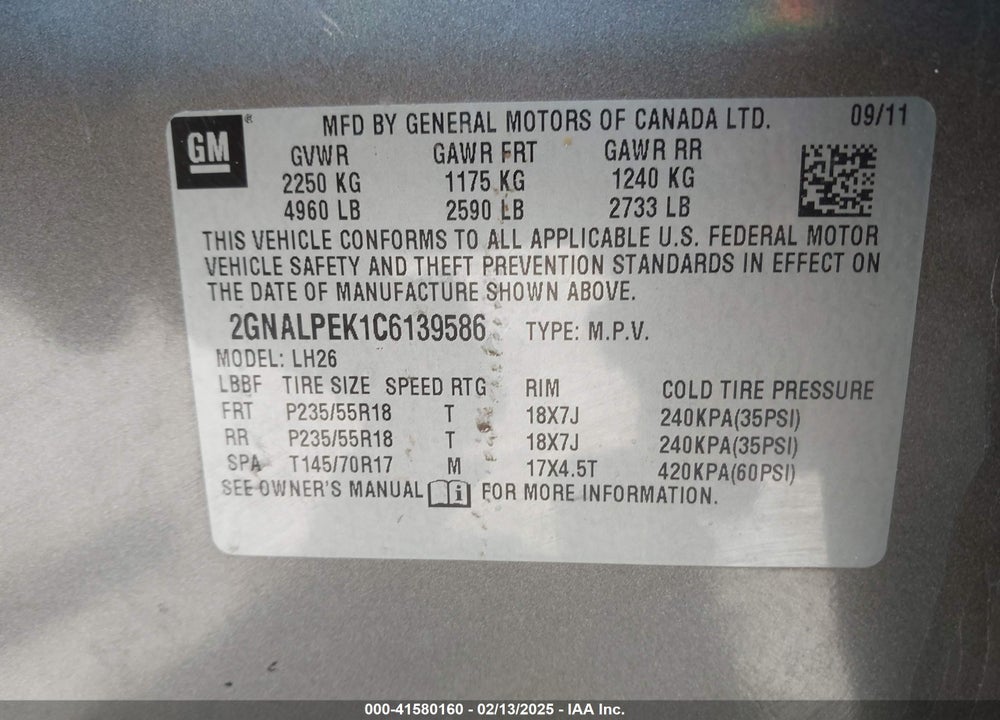 2012 CHEVROLET EQUINOX 2LT VIN: 2GNALPEK1C6139586