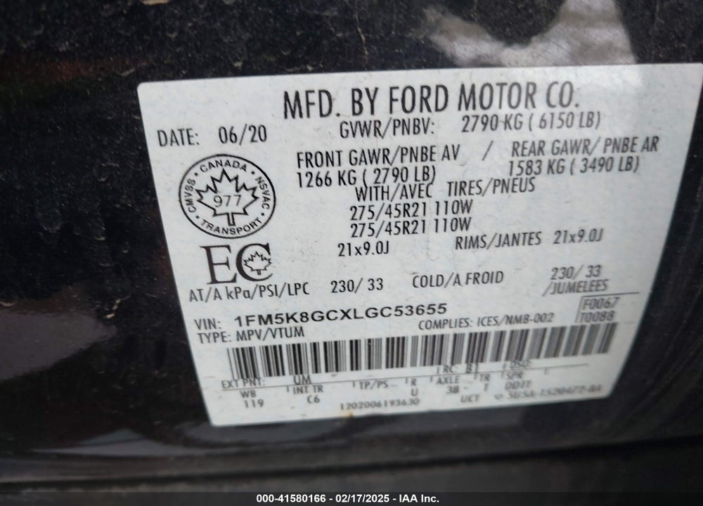 2020 FORD EXPLORER VIN: 1FM5K8GCXLGC53655