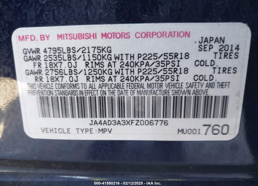 2015 MITSUBISHI OUTLANDER SE VIN: JA4AD3A3XFZ006776
