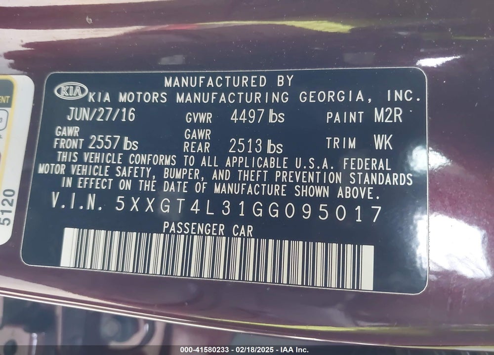 2016 KIA OPTIMA LX VIN: 5XXGT4L31GG095017