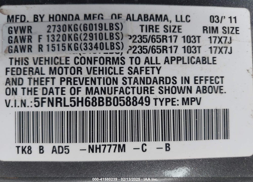 2011 HONDA ODYSSEY EX-L VIN: 5FNRL5H68BB058849