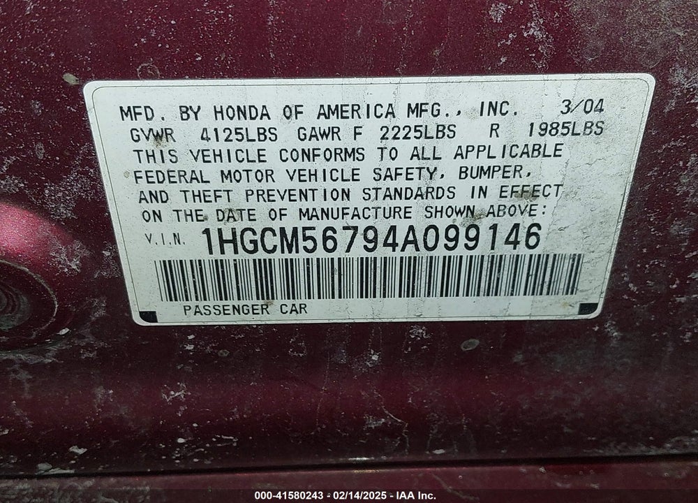 2004 HONDA ACCORD 2.4 EX VIN: 1HGCM56794A099146