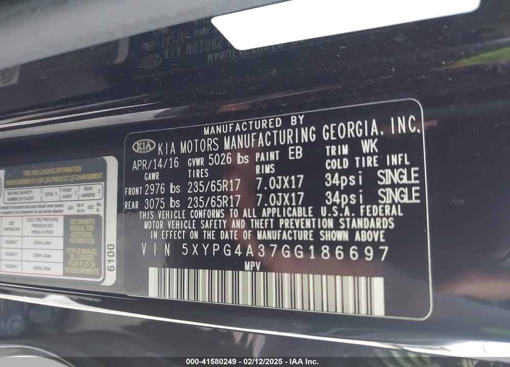 2016 KIA SORENTO 2.4L L VIN: 5XYPG4A37GG186697
