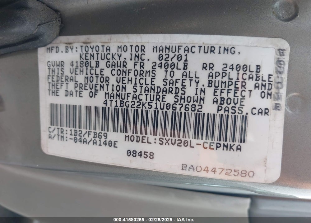 2001 TOYOTA CAMRY LE VIN: 4T1BG22K51U067682