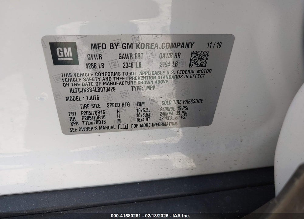 2020 CHEVROLET TRAX VIN: KL7CJKSB4LB073429