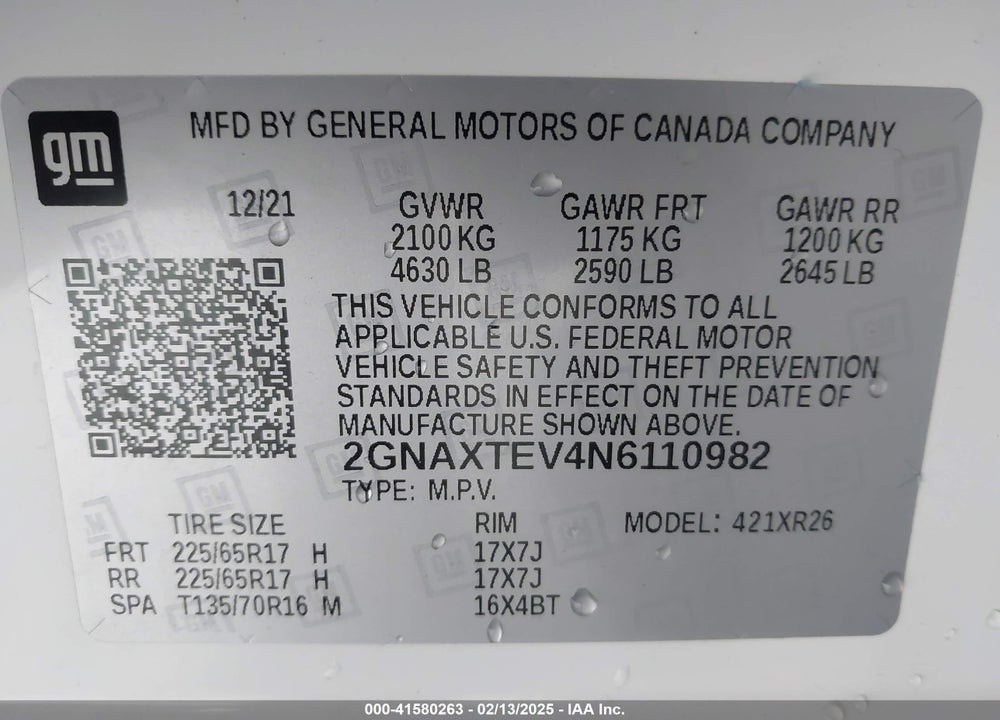 2022 CHEVROLET EQUINOX AWD 2FL VIN: 2GNAXTEV4N6110982