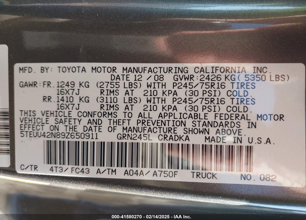 2009 TOYOTA TACOMA BASE V6 VIN: 5TEUU42N89Z650911