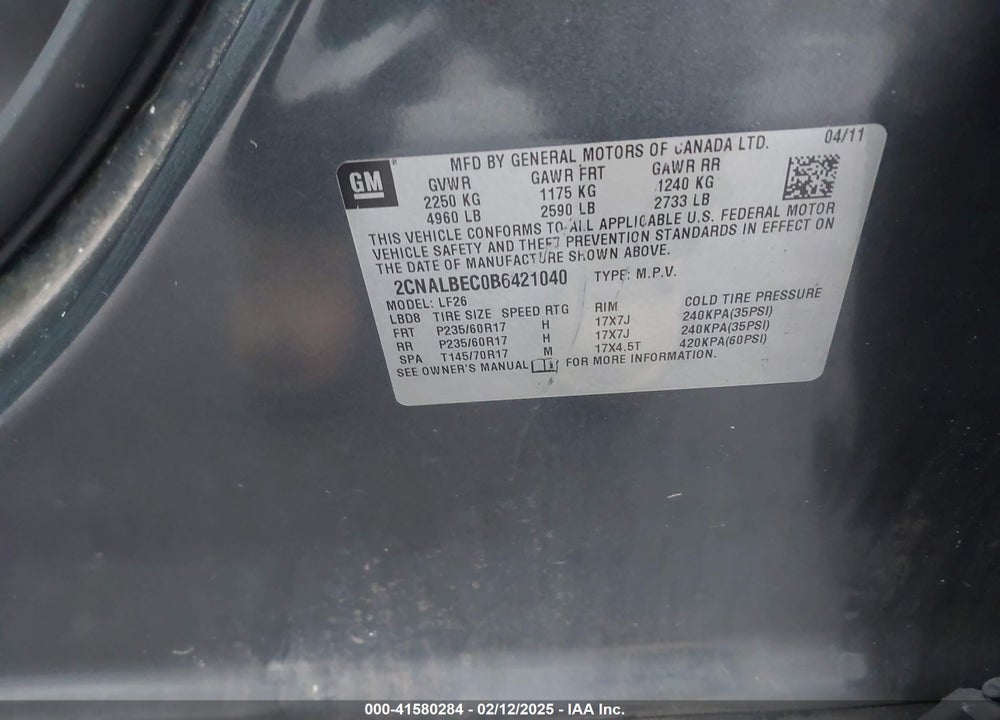 2011 CHEVROLET EQUINOX LS VIN: 2CNALBEC0B6421040