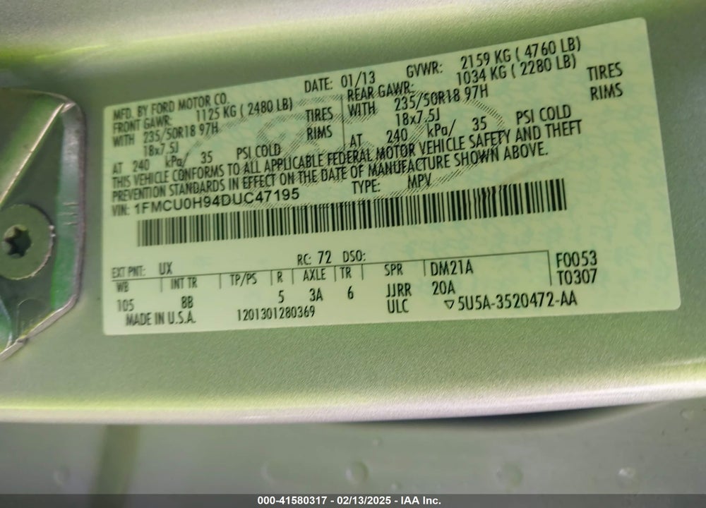 2013 FORD ESCAPE SEL VIN: 1FMCU0H94DUC47195