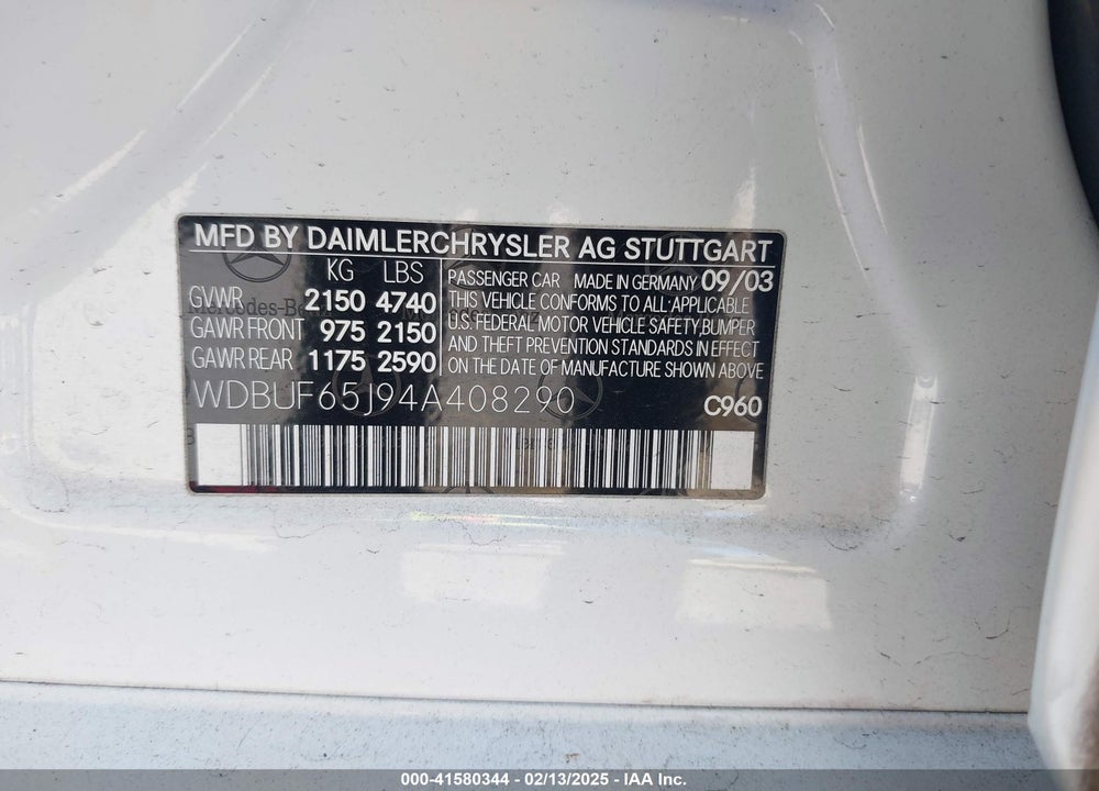 2004 MERCEDES-BENZ E 320 VIN: WDBUF65J94A408290
