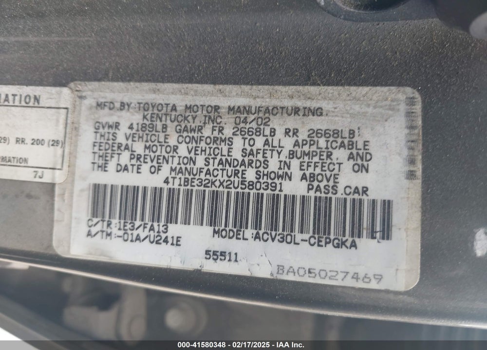 2002 TOYOTA CAMRY VIN: 4T1BE32KX2U580391