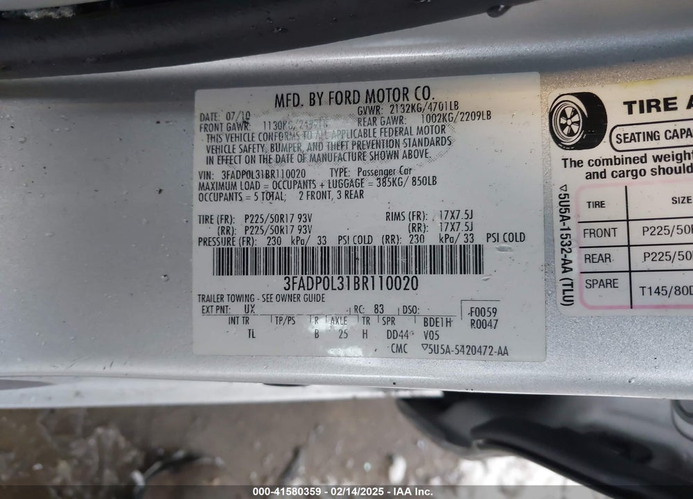 2011 FORD FUSION VIN: 3FADP0L31BR110020