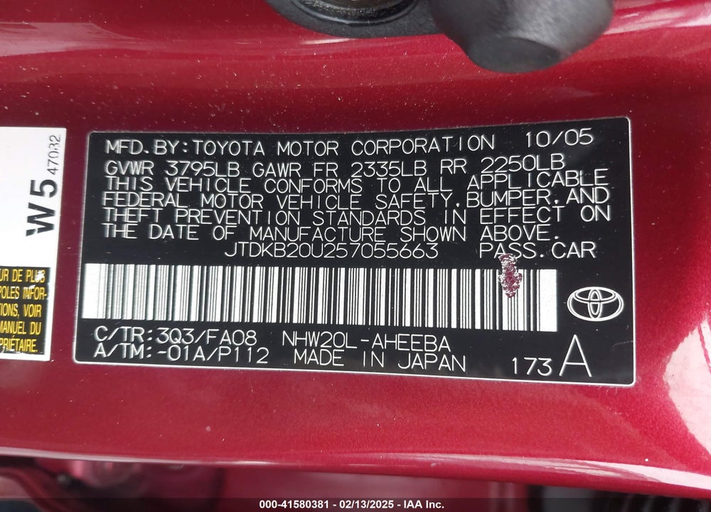2005 TOYOTA PRIUS VIN: JTDKB20U257055663