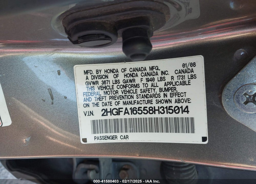 2008 HONDA CIVIC VIN: 2HGFA16558H315014