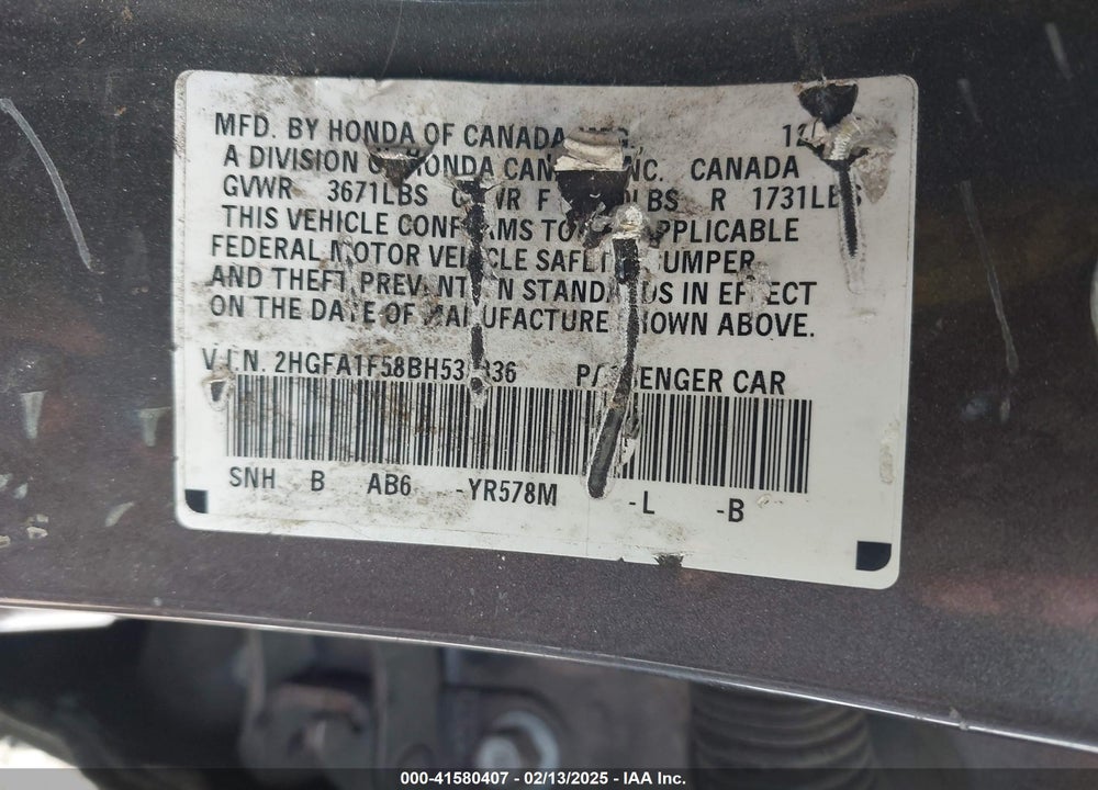 2011 HONDA CIVIC LX VIN: 2HGFA1F58BH535836