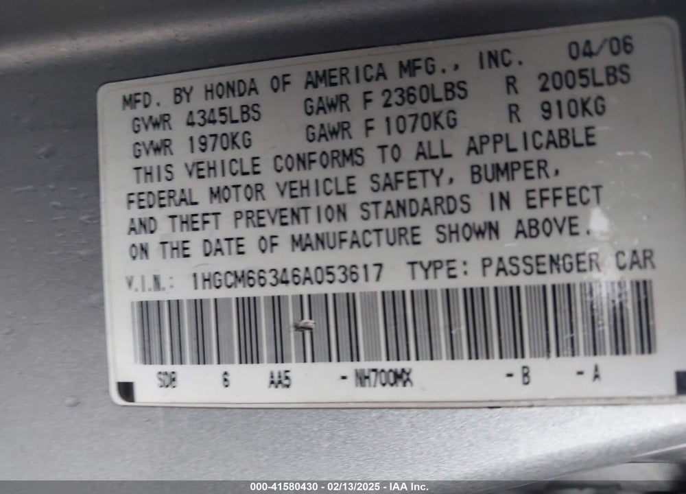 2006 HONDA ACCORD VIN: 1HGCM66346A053617