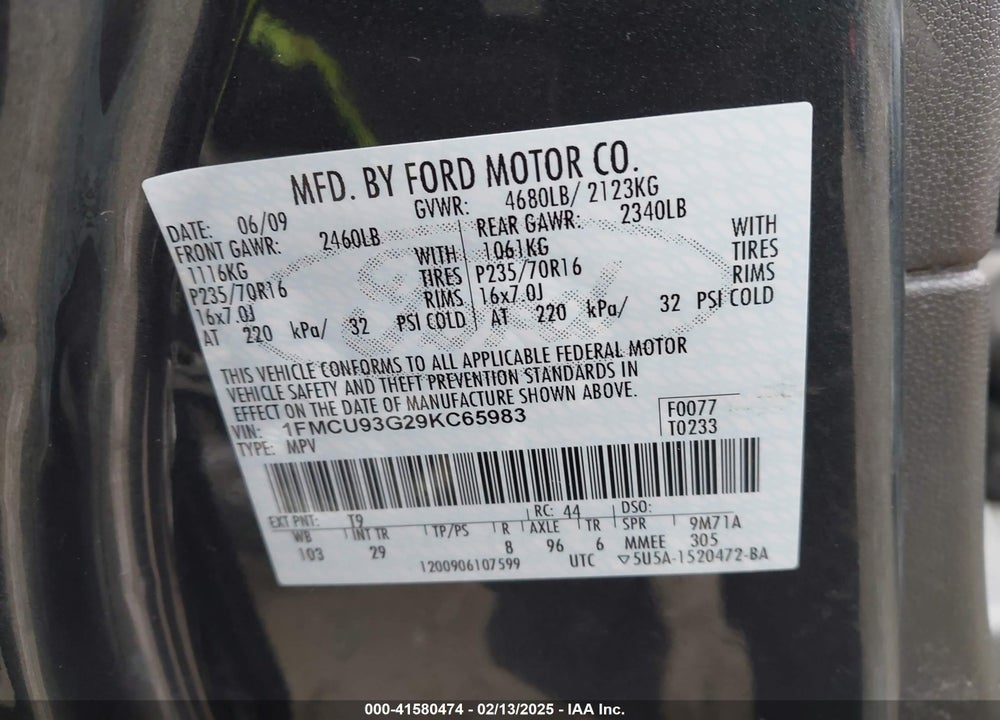 2009 FORD ESCAPE XLT VIN: 1FMCU93G29KC65983