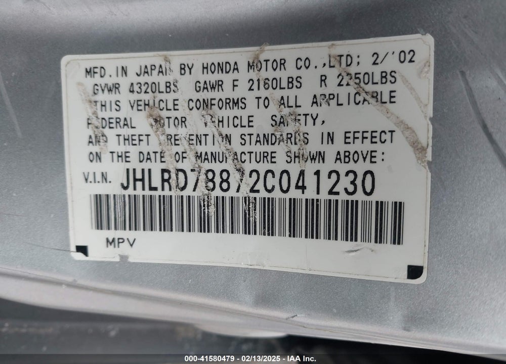 2002 HONDA CR-V EX VIN: JHLRD78872C041230