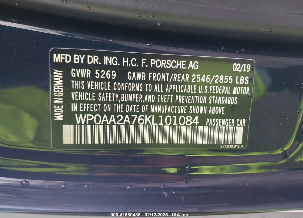 2019 PORSCHE PANAMERA VIN: WP0AA2A76KL101084