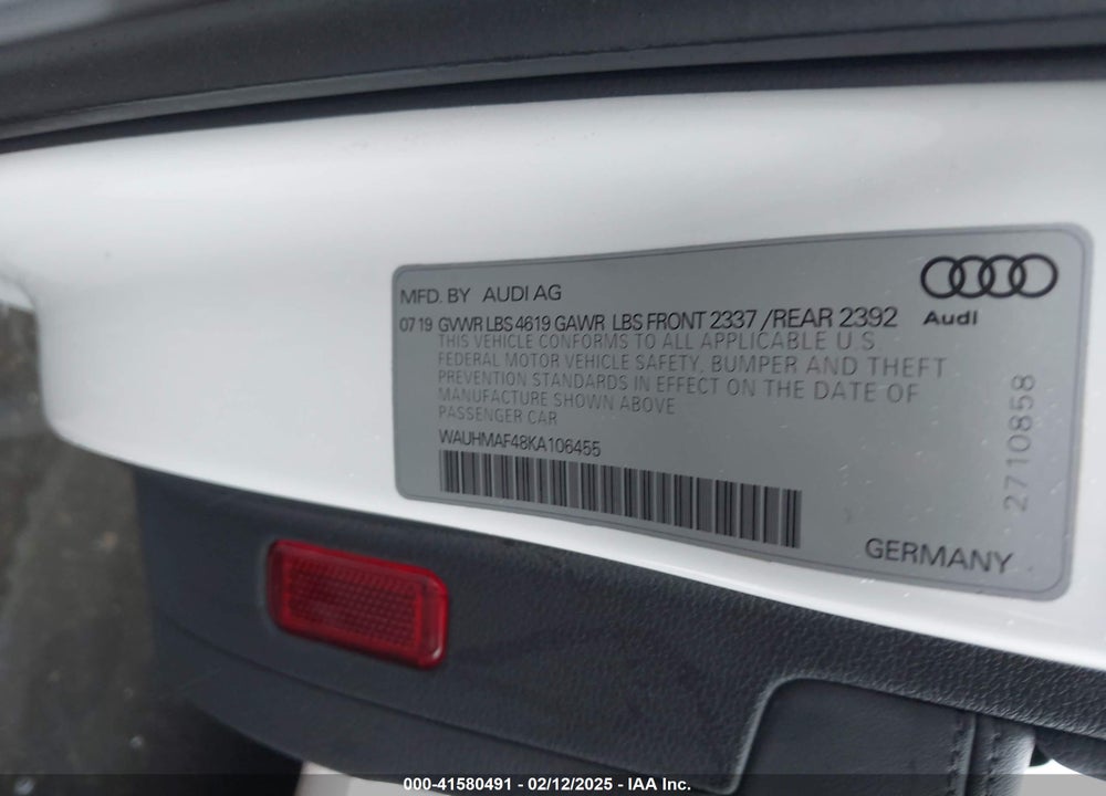 2019 AUDI A4 VIN: WAUHMAF48KA106455
