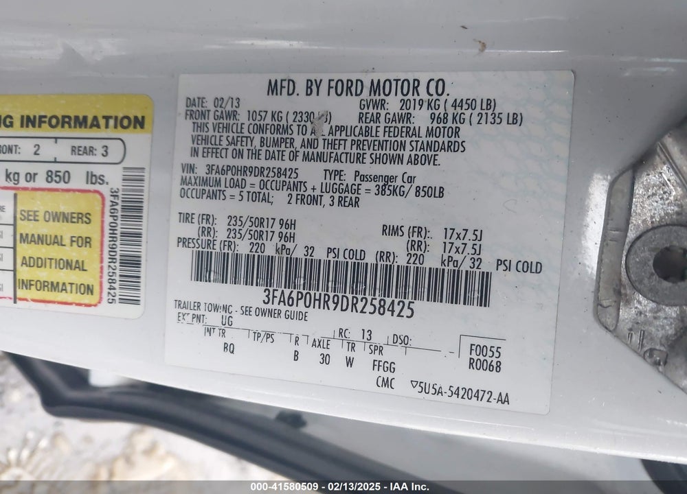 2013 FORD FUSION VIN: 3FA6P0HR9DR258425