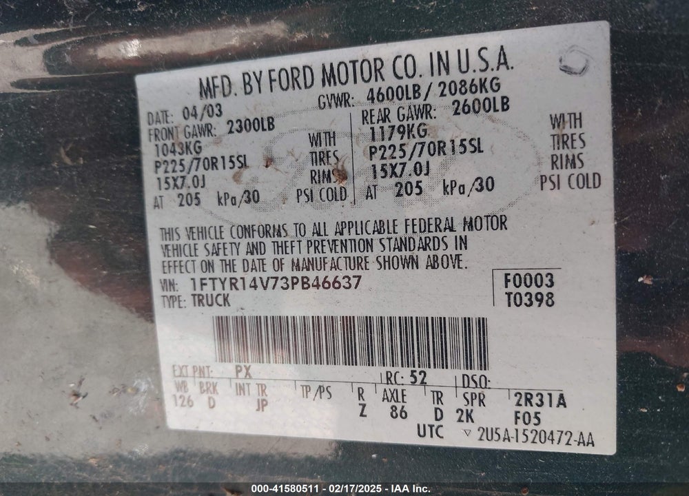 2003 FORD RANGER EDGE/TREMOR/XL/XLT VIN: 1FTYR14V73PB46637