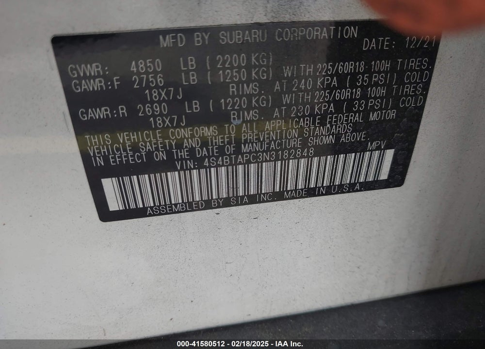 2022 SUBARU OUTBACK TOURING VIN: 4S4BTAPC3N3182848