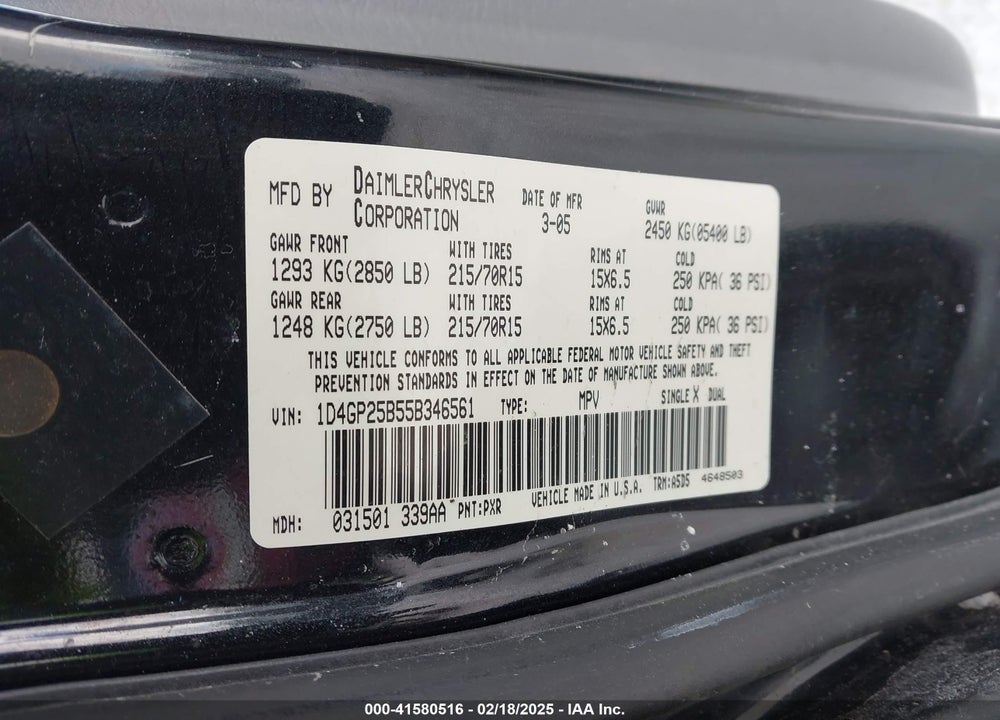 2005 DODGE CARAVAN VIN: 1D4GP25B55B346561