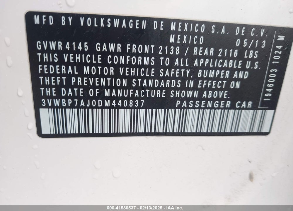 2013 VOLKSWAGEN JETTA 2.5L SE VIN: 3VWBP7AJ0DM440837