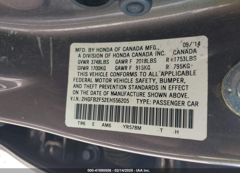 2014 HONDA CIVIC VIN: 2HGFB2F52EH556205