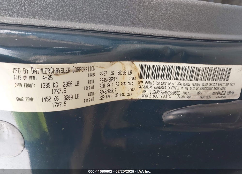 2005 JEEP GRAND CHEROKEE LAREDO VIN: 1J8HR48N45C668592