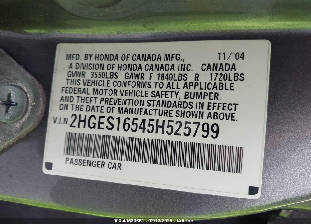 2005 HONDA CIVIC LX VIN: 2HGES16545H525799