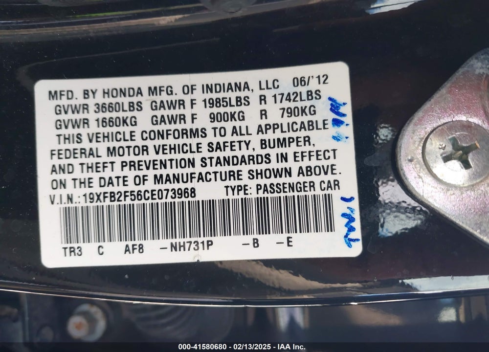 2012 HONDA CIVIC VIN: 19XFB2F56CE073968