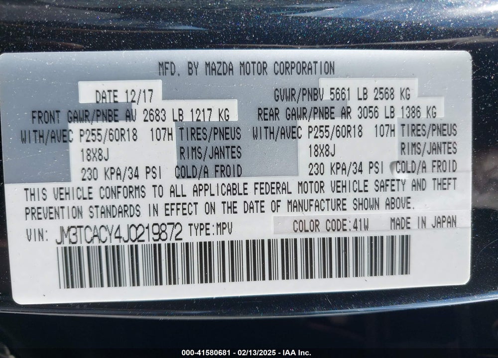 2018 MAZDA CX-9 TOURING VIN: JM3TCACY4J0219872