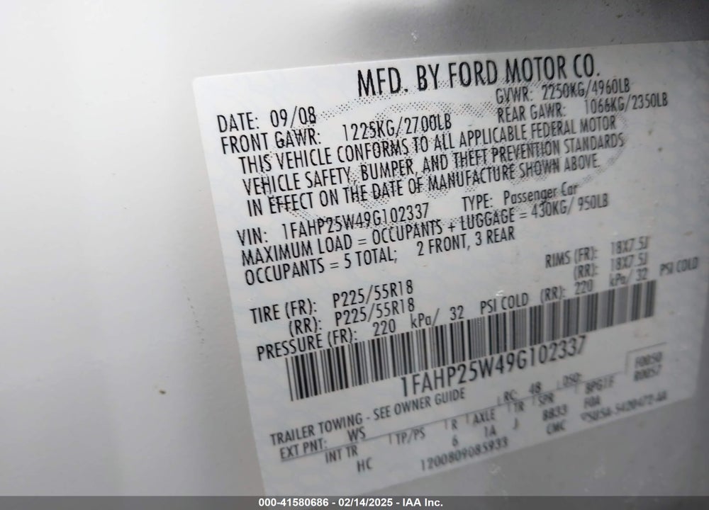 2009 FORD TAURUS LIMITED VIN: 1FAHP25W49G102337