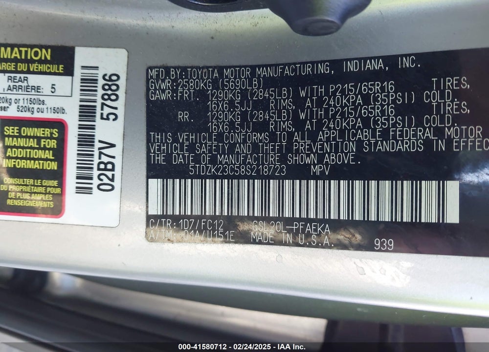 2008 TOYOTA SIENNA LE VIN: 5TDZK23C58S218723