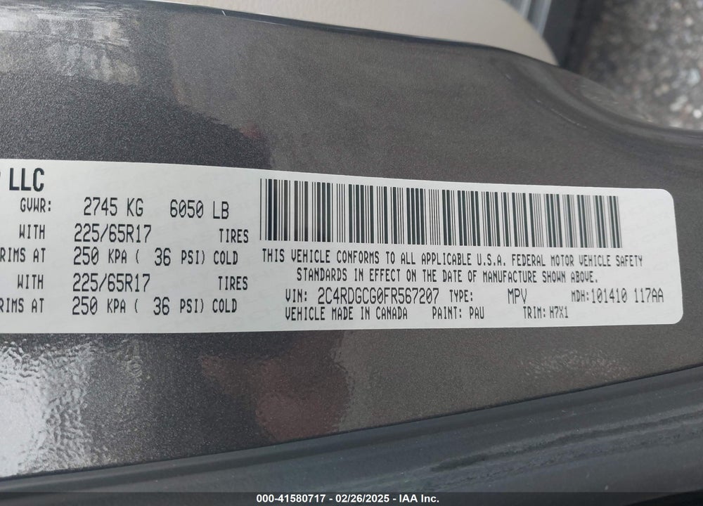 2015 DODGE GRAND CARAVAN VIN: 2C4RDGCG0FR567207