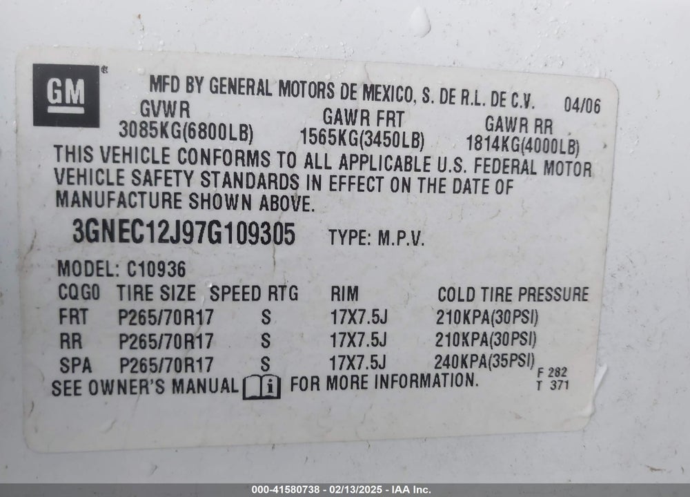 2007 CHEVROLET AVALANCHE 1500 LT VIN: 3GNEC12J97G109305