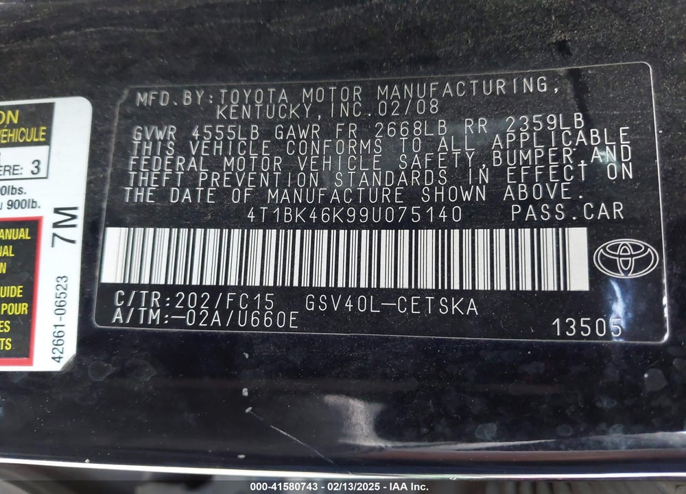 2009 TOYOTA CAMRY VIN: 4T1BK46K99U075140