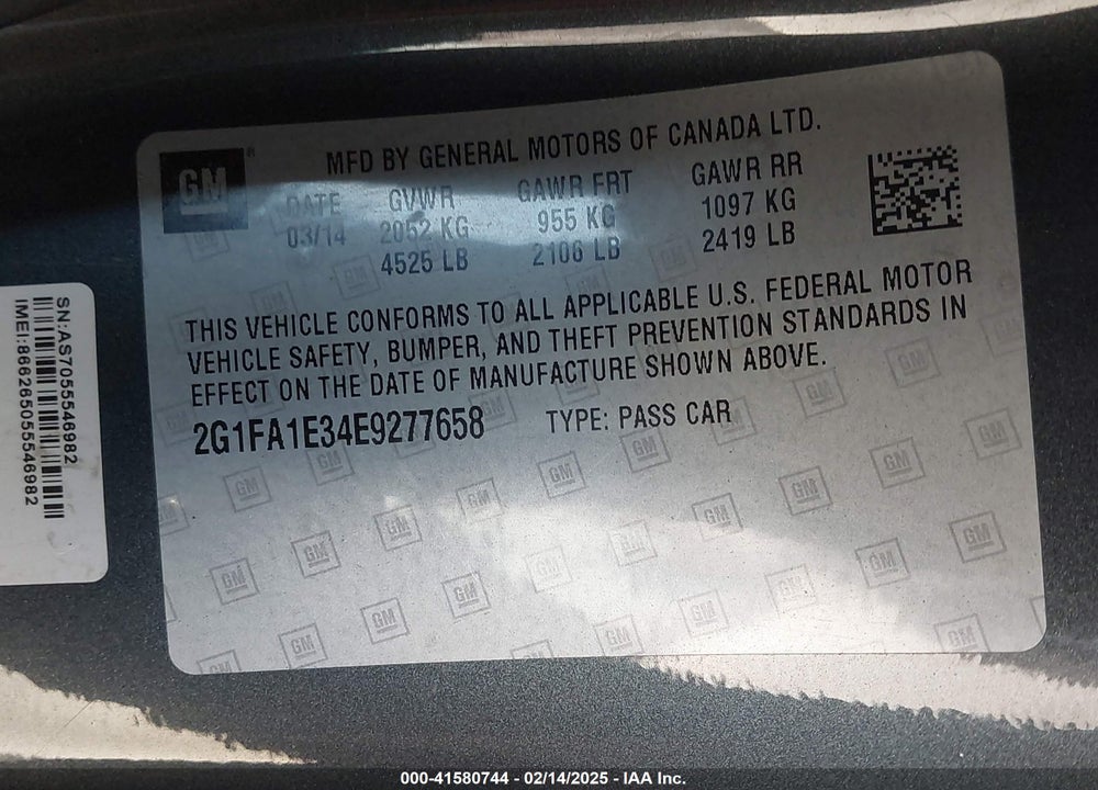 2014 CHEVROLET CAMARO VIN: 2G1FA1E34E9277658