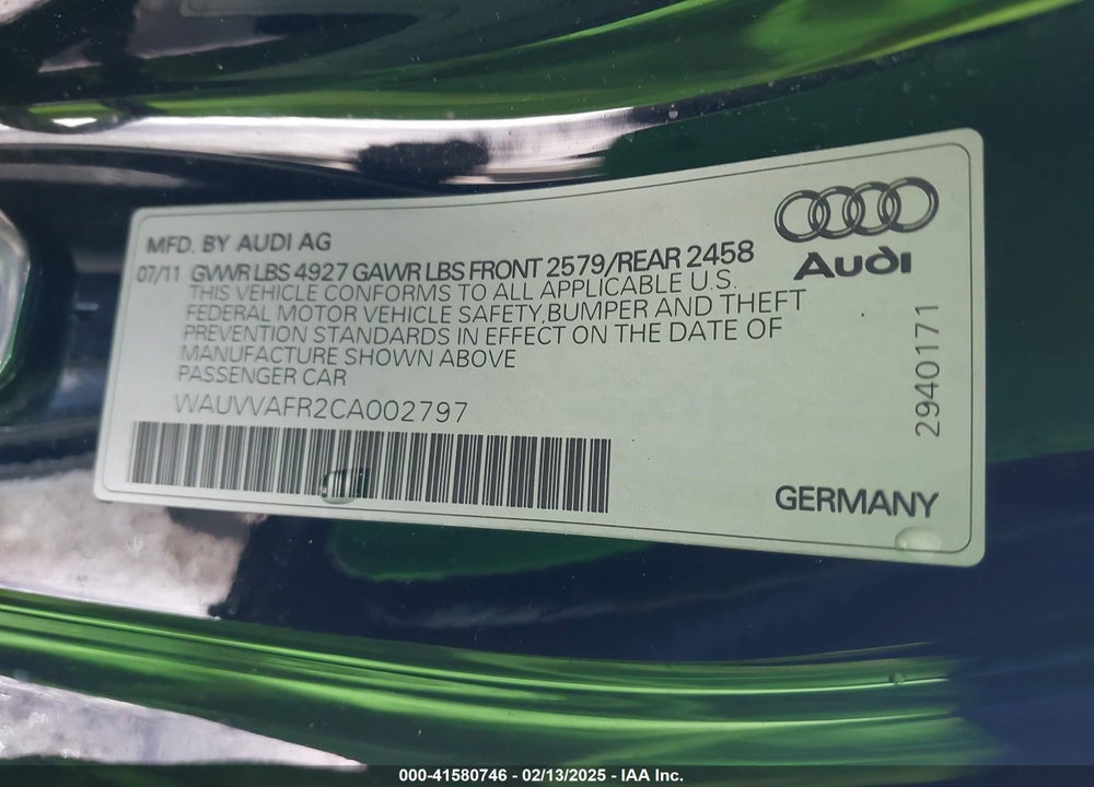 2012 AUDI S5 VIN: WAUVVAFR2CA002797