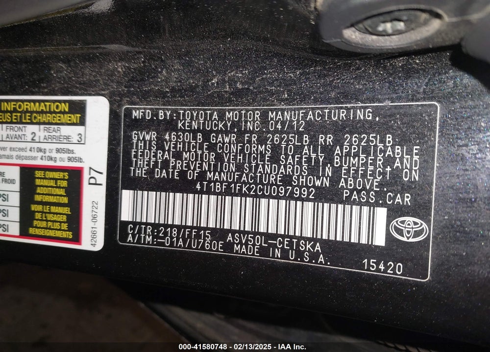 2012 TOYOTA CAMRY SE VIN: 4T1BF1FK2CU097992