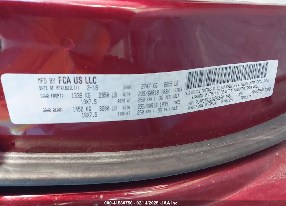 2018 CHRYSLER PACIFICA LIMITED VIN: 2C4RC1GGXJR226500
