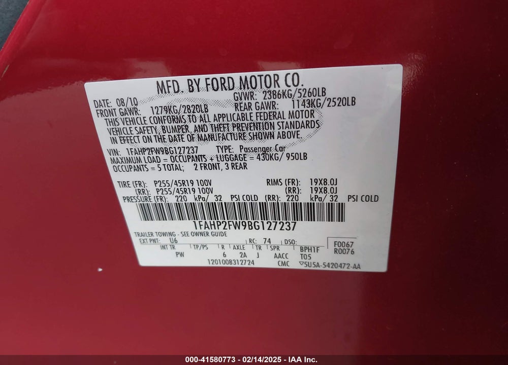 2011 FORD TAURUS LIMITED VIN: 1FAHP2FW9BG127237
