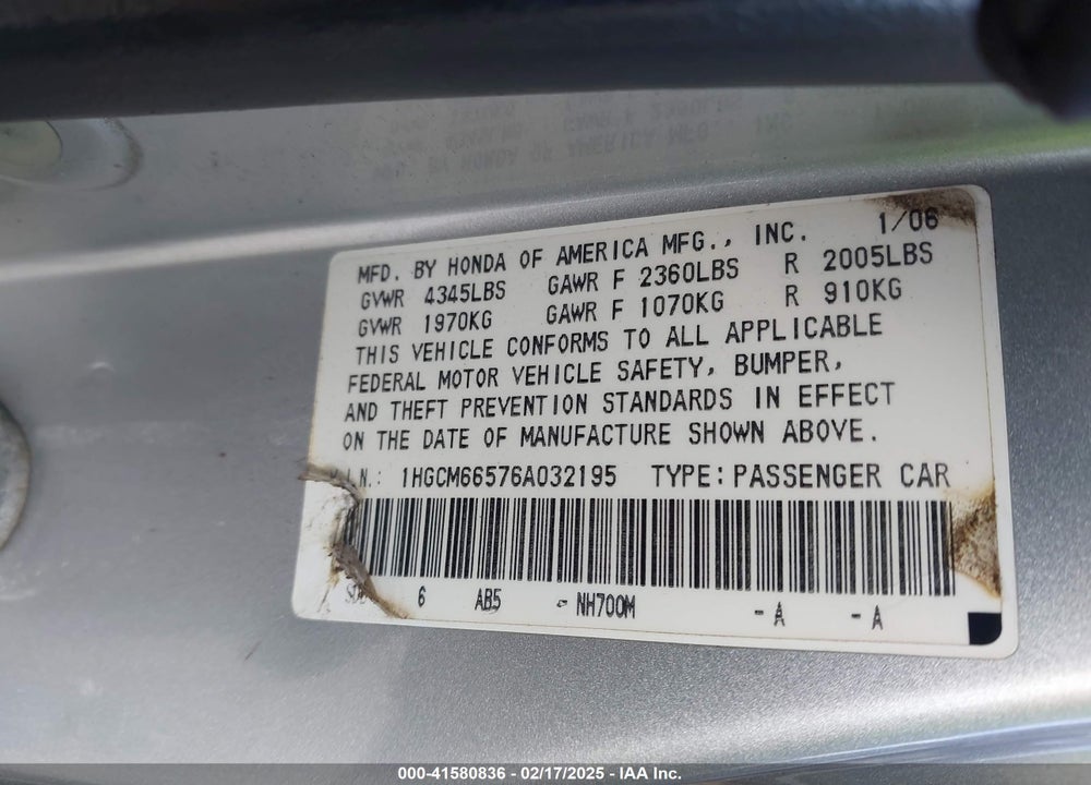 2006 HONDA ACCORD VIN: 1HGCM66576A032195